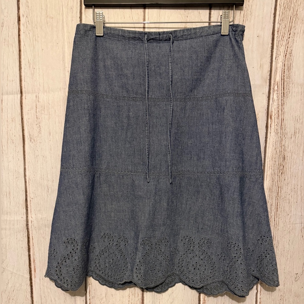 Next Blue Cotton Denim Embroidered Eyelet Scalloped
Hem Midi Skirt